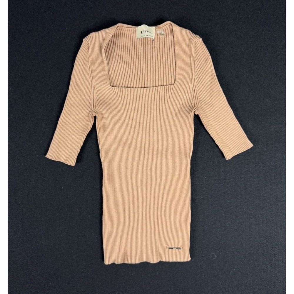 Elie Tahari Womens S Ribbed Knit Sweater Top High End Brown Square Neck 3/4 Slv